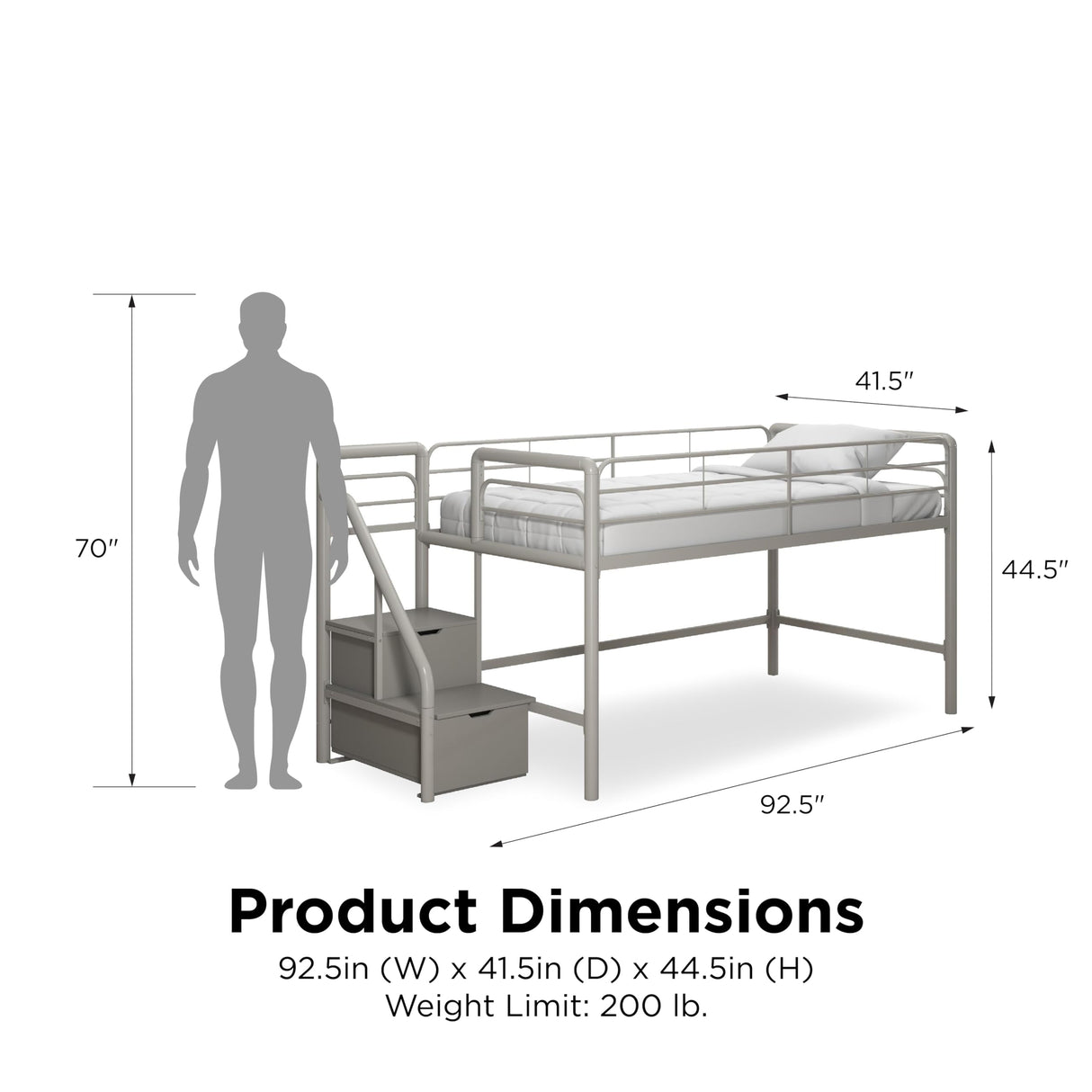 DHP Junior Twin Metal Loft Bed with Storage Steps, Multifunctional Space-Saving Solution - Silver with Gray Steps DHP