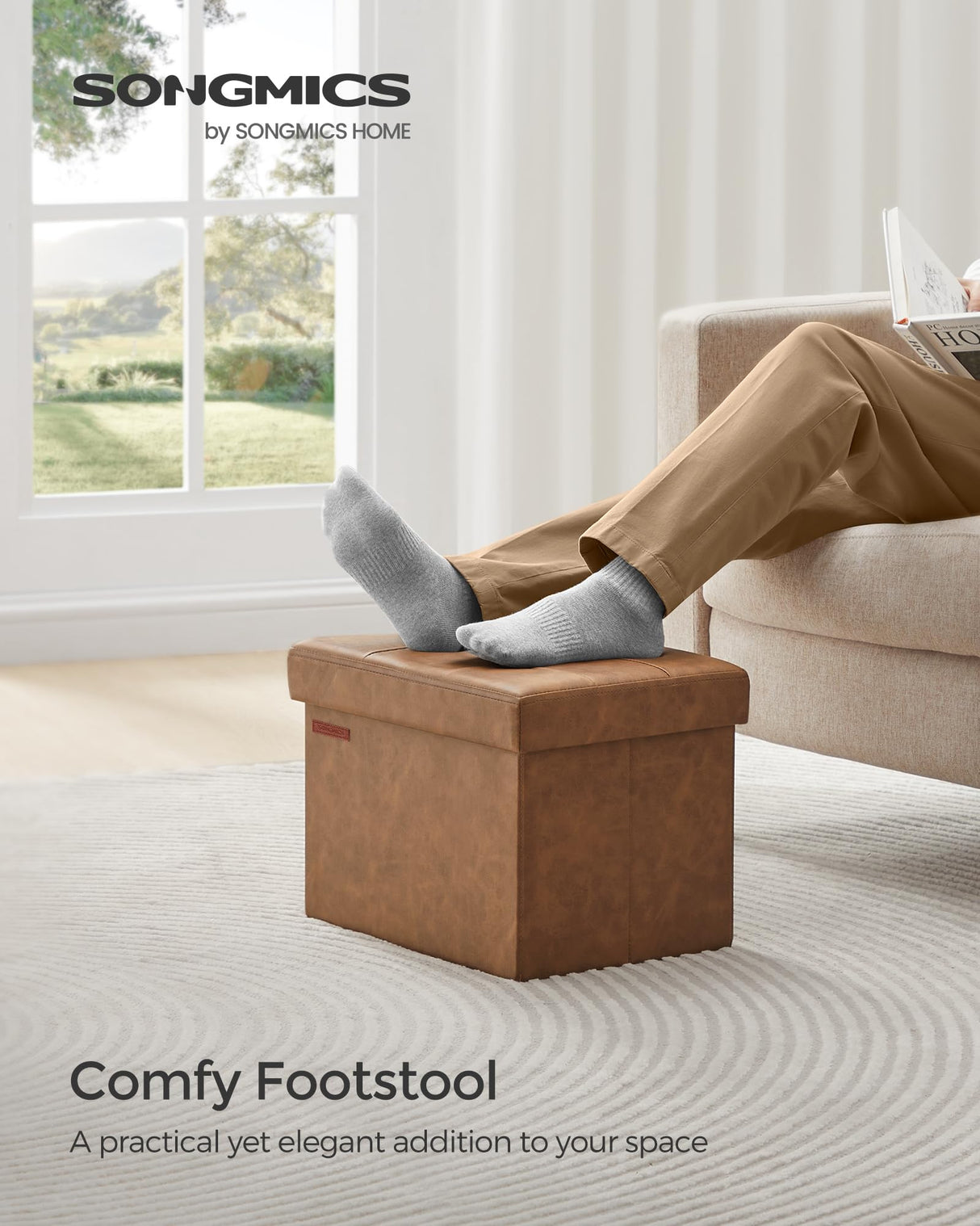 SONGMICS Small Folding Storage Ottoman, Foot Rest Stool, Cube Footrest, Synthetic Leather, 12.2 x 16.1 x 12.2 Inches, 286 lb Capacity, for Living Room, Bedroom, Dorm, Coffee Brown ULSF100K01 SONGMICS