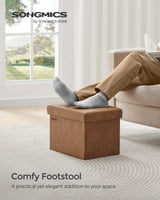 SONGMICS Small Folding Storage Ottoman, Foot Rest Stool, Cube Footrest, Synthetic Leather, 12.2 x 16.1 x 12.2 Inches, 286 lb Capacity, for Living Room, Bedroom, Dorm, Coffee Brown ULSF100K01 SONGMICS