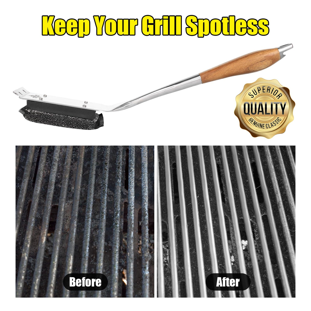 XUDAKAIXIN Grill Brush Bristle Free,Unique Steel Fibers Pad Perfect for Grill Grates/Blackstone Griddle - with Strong Stainless Steel Wooden Handle and 1 Cleaning Head,Grill Brush for Outdoor Grill XUDAKAIXIN