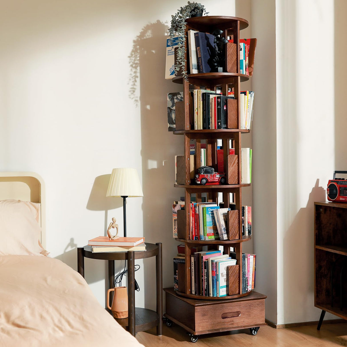 ZZV Solid Wood Rotating Bookshelf, 360° Display Bookcase with 1 Drawer, Spinning Bookshelf Tower with Wheels, 72 inch Tall Bookcase for Small Space, Revolving Book Shelf for Home Office, Walnut Finish ZZV