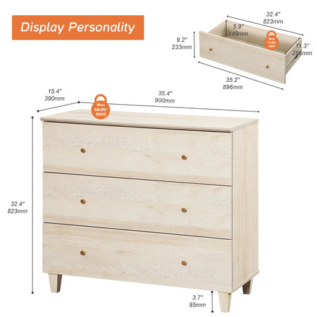 WAMPAT 3-Drawer Kids Dresser for Bedroom, Modern Small Chest of Drawers with Gold Knobs, 35 Inch Wide Light Oak Wood Children Dresser for Baby Room, Nursery, Living Room WAMPAT