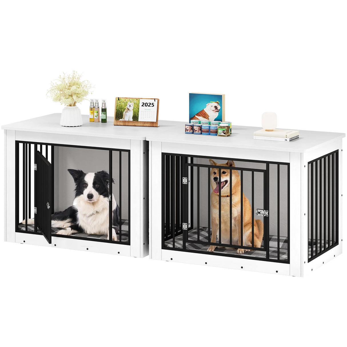 YITAHOME 76 Inch Double Dog Crate Furniture, XXL Dog Crate Furniture for 2 Dogs, Side End Table, Waterproof Top, Safety Corners, 2-in-1 Iron-Wood Fusion Dog Kennel Furniture for 2 Large Dogs,White YITAHOME