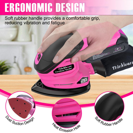 Cordless Detail Sander - 20V Electric Hand Sander with 22Pcs Sandpapers, 12000 RPM Mouse Sander with Dust Bag, Compact Palm Sander Tool for Tight Spaces Woodworking, 2.0Ah Battery and Charger Included ThinkLearn