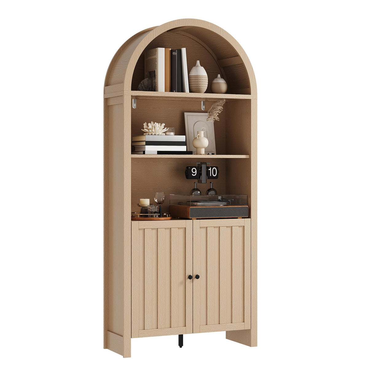 ChooChoo Arched Bookcase with Doors, 3-Tier Farmhouse Bookcase with Adjustable Shelf, Tall Arched Bookshelf for Office, Living Room, Natural ChooChoo