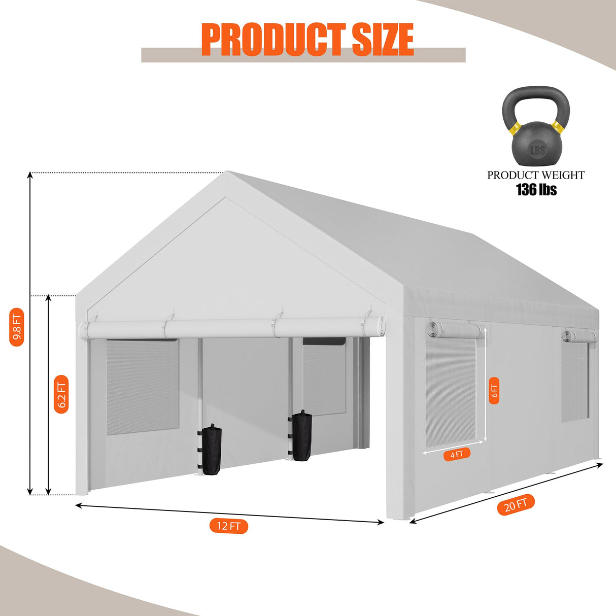 JAMFLY Carport, 12x20 ft Heavy Duty Carport with Roll-up Windows, Portable Garage with Removable Sidewalls & Doors, Car Canopy with Sandbags and All-Season Tarp for Car Boat Truck Motorcycle JAMFLY