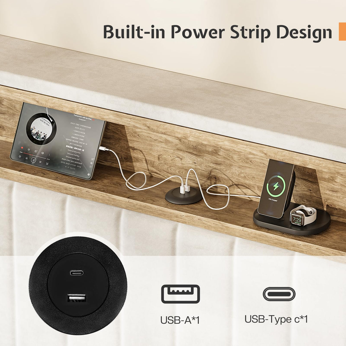 Jocisland King Platform Bed Frame with LED Lights, USB Charging Ports, Tall Velvet Headboard with Wingback Storage, No Box Spring Needed, Easy Assembly, Cream Jocisland