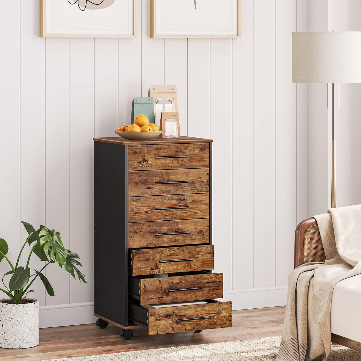 HOOBRO 7-Drawer Chest, File Cabinet, Wooden File Cabinet, Office Cabinet with Drawers, Storage Cabinet, for Home Office, Study, Easy Assembly, Rustic Brown and Black BF07WJ01 HOOBRO