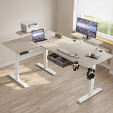 HEONAM Electric L Shape Standing Desk with Drawer, 63x47 Inches Height Adjustable Sit Stand Up Desk with Storage Shelf, Home Office Desk Computer Workstation with White Pearwood Top/White Frame HEONAM