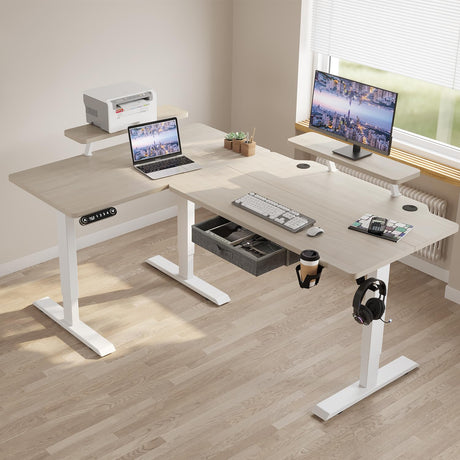 HEONAM Electric L Shape Standing Desk with Drawer, 63x47 Inches Height Adjustable Sit Stand Up Desk with Storage Shelf, Home Office Desk Computer Workstation with White Pearwood Top/White Frame HEONAM