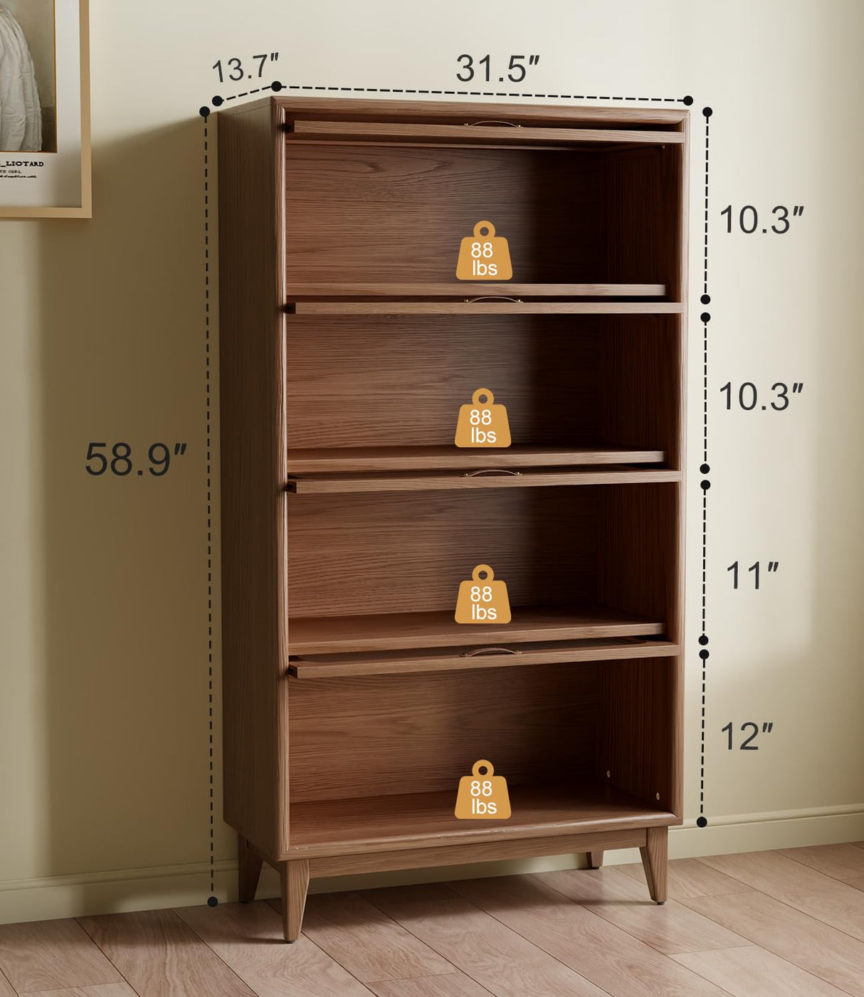 KungFuWood Wooden Bookcase with Tempered Glass Doors, Large Solid Wood Bookshelf Glass Front Bookshelves flip top Display Cabinet case Hidden Glass Doors for Apartments, Home Offices (4 tire 60") KungFuWood