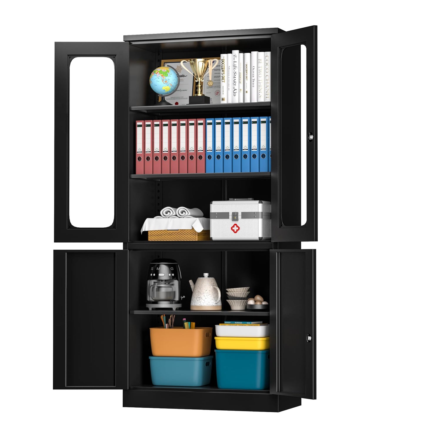 Greenvelly Metal Storage Cabinet with 2 Doors and Adjustable Shelves, Locking 72" Steel Locker with Glass Doors, Black Display Cabinet for Home Office Kitchen School - WoodArtSupply