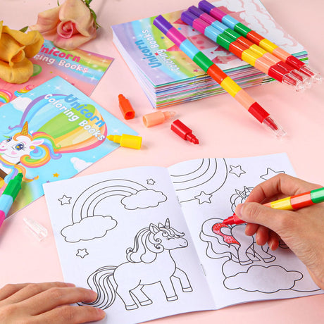 BenLouis 12 Unicorn Mini Coloring Books Kids with 12 Stacking Crayons Unicorn Birthday Party Favors Small Activity Books Bulk for Kids Rainbow Party Gift Goodie Bag Stuffers BenLouis