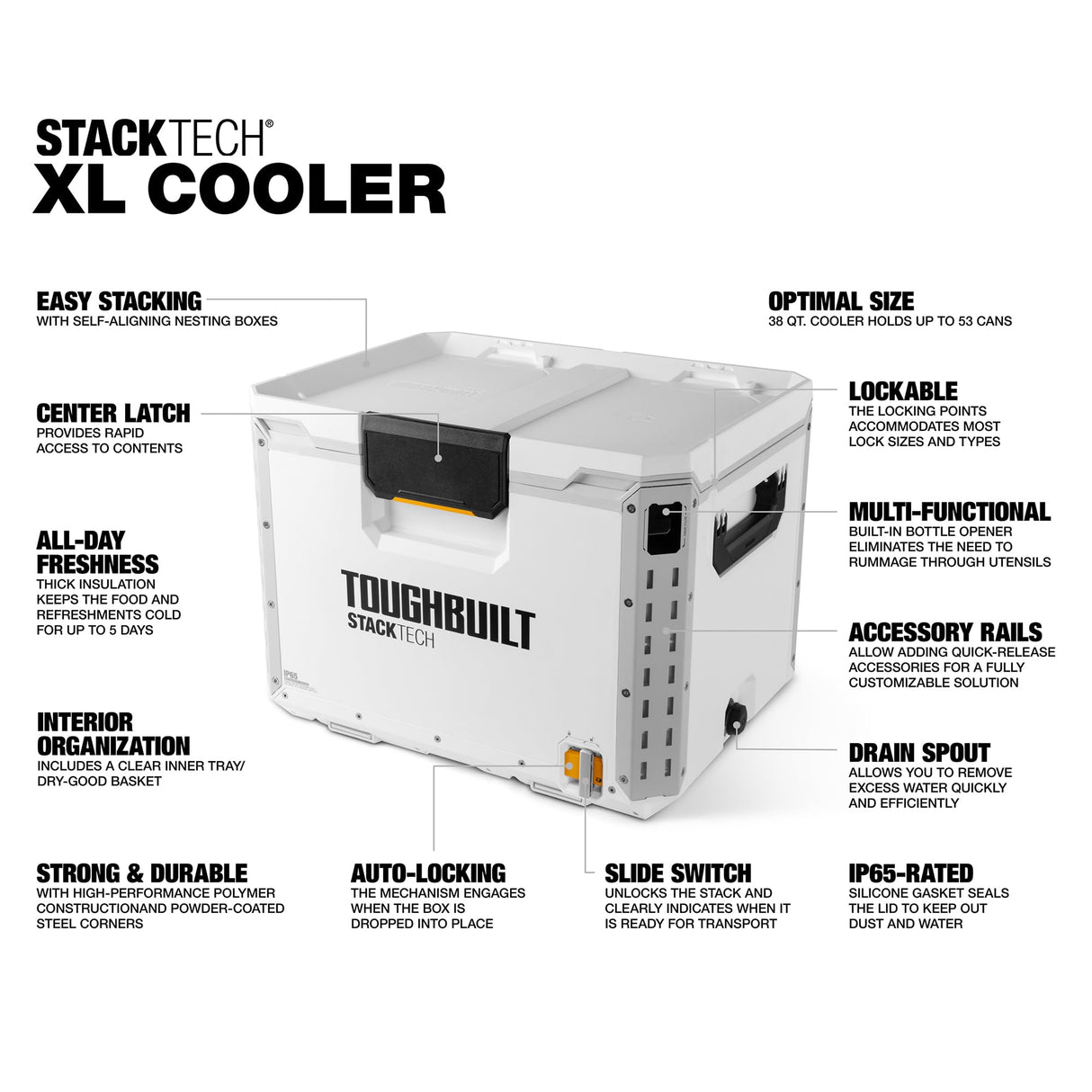 ToughBuilt XL Cooler, Stackable 38 Quart Hard Shell Chest for StackTech Boxes and Totes, White ToughBuilt