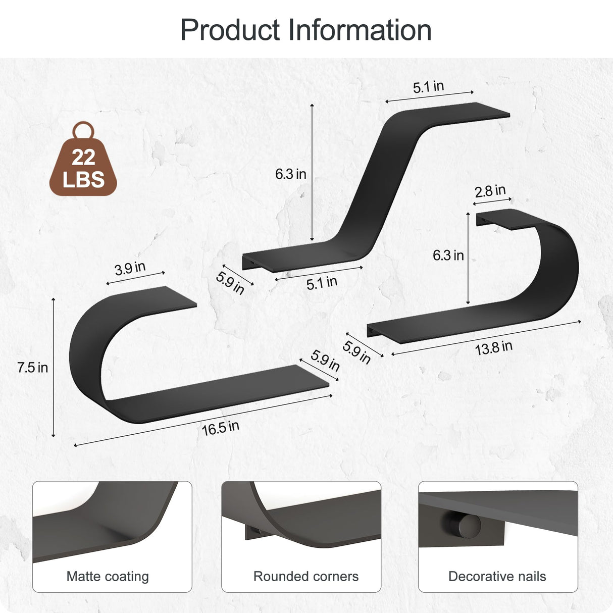 BUTUNITA Black Floating Shelves Set of 3, Black Metal Decor, Unique Mounted Floating Shelf, Modern Long Wall Shelf, Large Wall Shelves for Bedroom, Bathroom, Living Room BUTUNITA