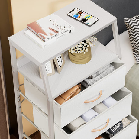 Furnulem White Dresser with 5 Drawers, Vertical Storage Tower Fabric Dresser for Bedroom, Hallway, Entryway, Nursery, Closet Organizer, Nightstand Bedside Table Furniture, Sturdy Steel Frame, Wood Top Furnulem