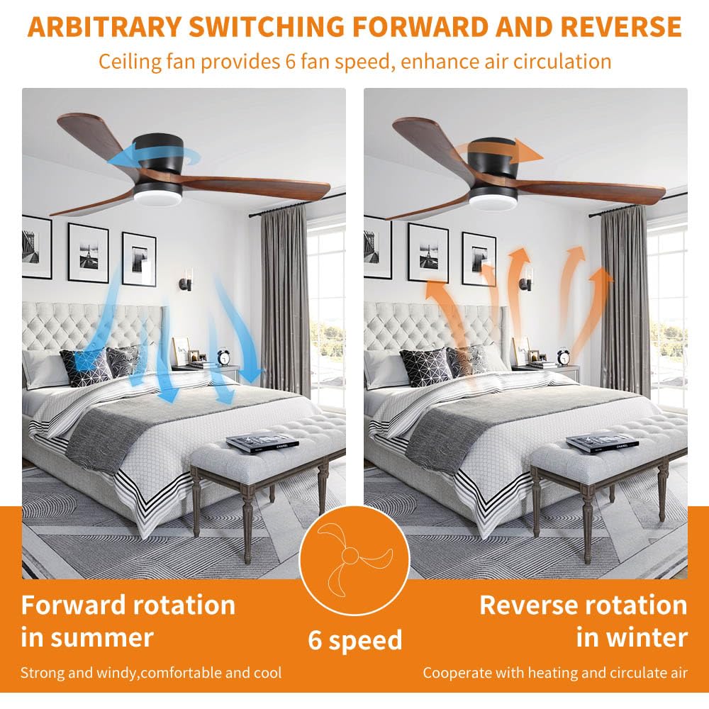 LINJO 42 inch Wood Ceiling Fans with Lights and Remote, Flush Mount Ceiling Fan,Quiet & Reversible DC Motor for Bedroom/Outdoor/Farmhouse/Patios LINJO