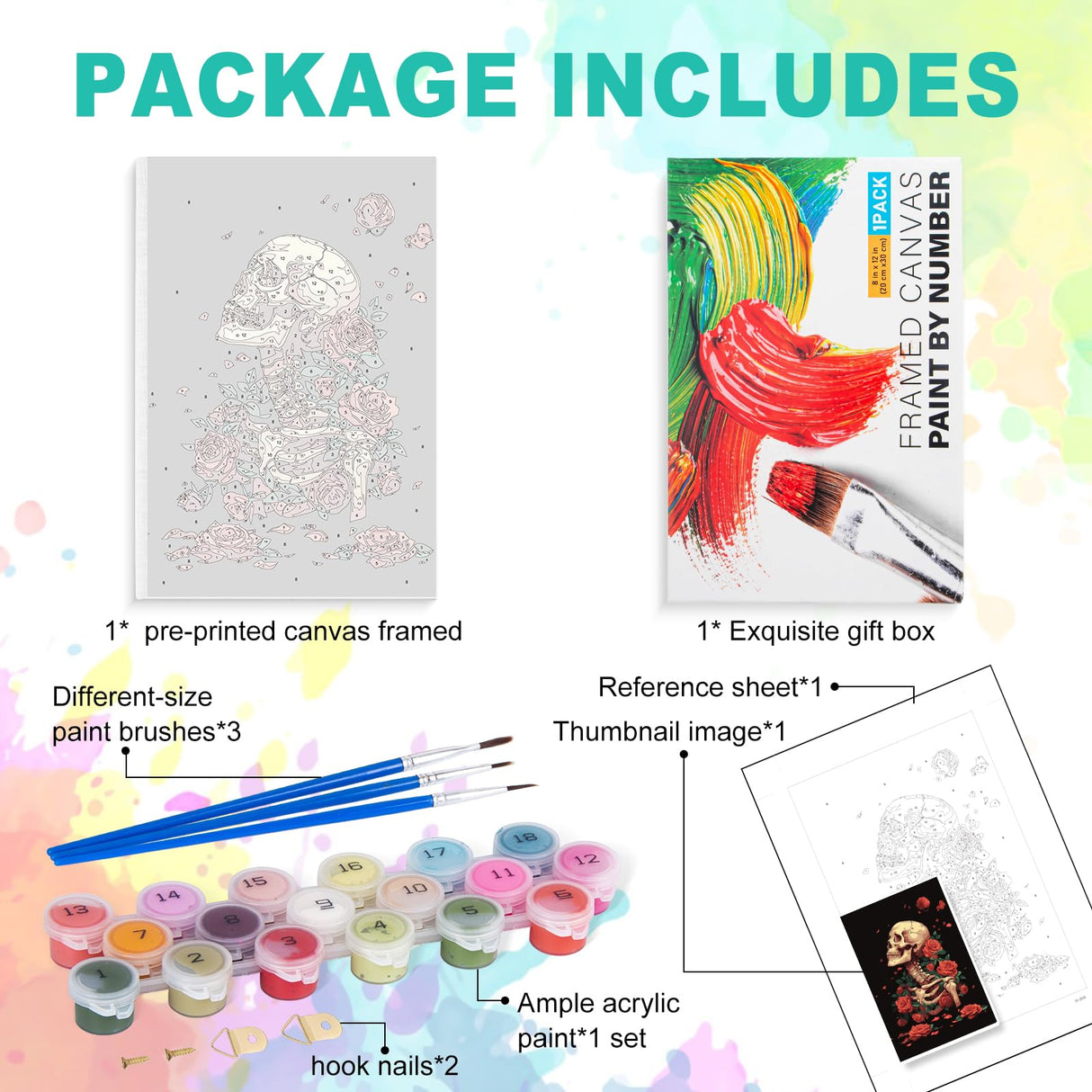 Framed Paint by Numbers Kit for Adults Beginner, Skull and Rose Easy Paint by Number Kits on Canvas Framed, Helloween DIY Acrylic Oil Painting by Numbers with Frame for Gift Home Decor 8 x 12 inch GEEHEIY