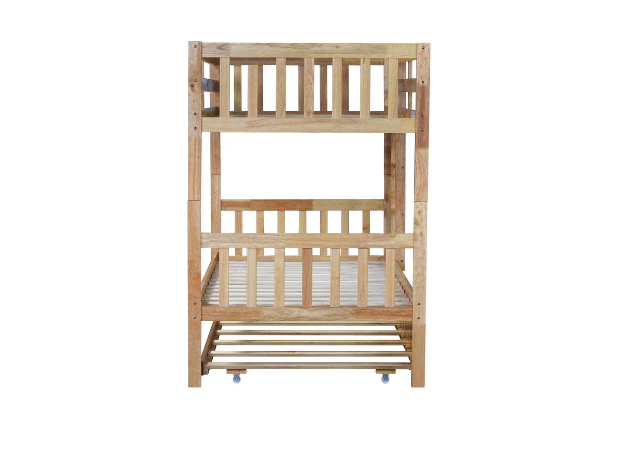 Merax Twin-Over-Twin Bunk Bed with Movable Trundle, Solid Wood Detachable Bunk Bed with Safety Guardrial and Ladder, Can be Converted Into 3 Separate Beds(Natural) Merax