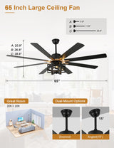 Curve Curio 65'' Black Ceiling Fan with Light, Large Industrial Ceiling Fans with Remote Control, 6-Speed Farmhouse Ceiling Fan with Remote for Bedroom Living Room (Black) Curve Curio