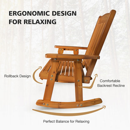 Wooden Rocking Chair with Comfortable Backrest Inclination, High Backrest and Deep Contoured Seat, Solid Fir Wood, Heavy Duty 600 LBS, for Backyard, Porch and Patio (Teak Tone with Table)