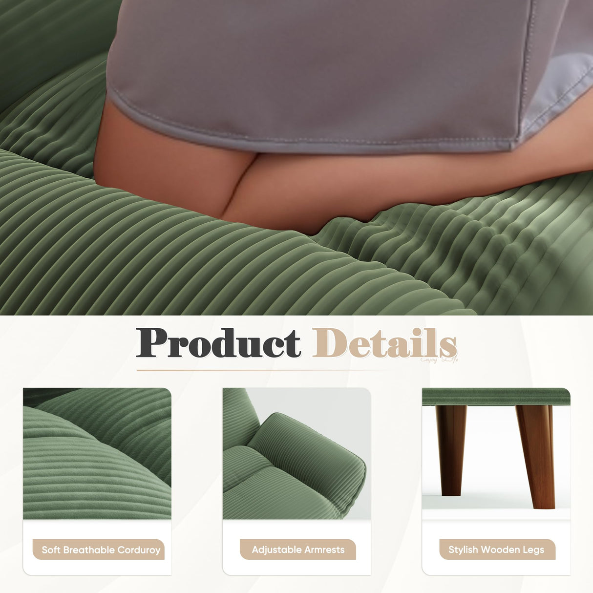 Homall Futon Sofa Bed, Modern Loveseat Futon Couch with Adjustable Backrest and Armrests, Sleeper Sofa Bed with Wood Frame for Living Room, Office, Apartment (Corduroy, Green) Homall