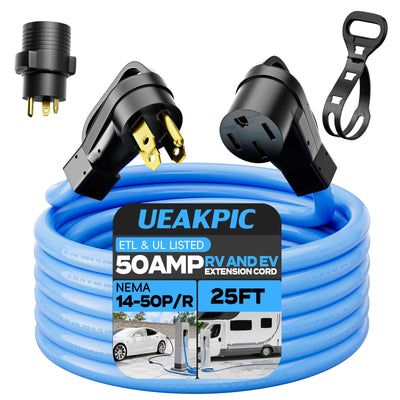 UEAKPIC 50 Amp Generator Extension Cord 25FT for RV and EV, with 30 Amp Adapter, 4-Prong 250-Volt, NEMA 14-50P to 14-50R, Suitable for Tesla Model 3/S/X/Y, Blue