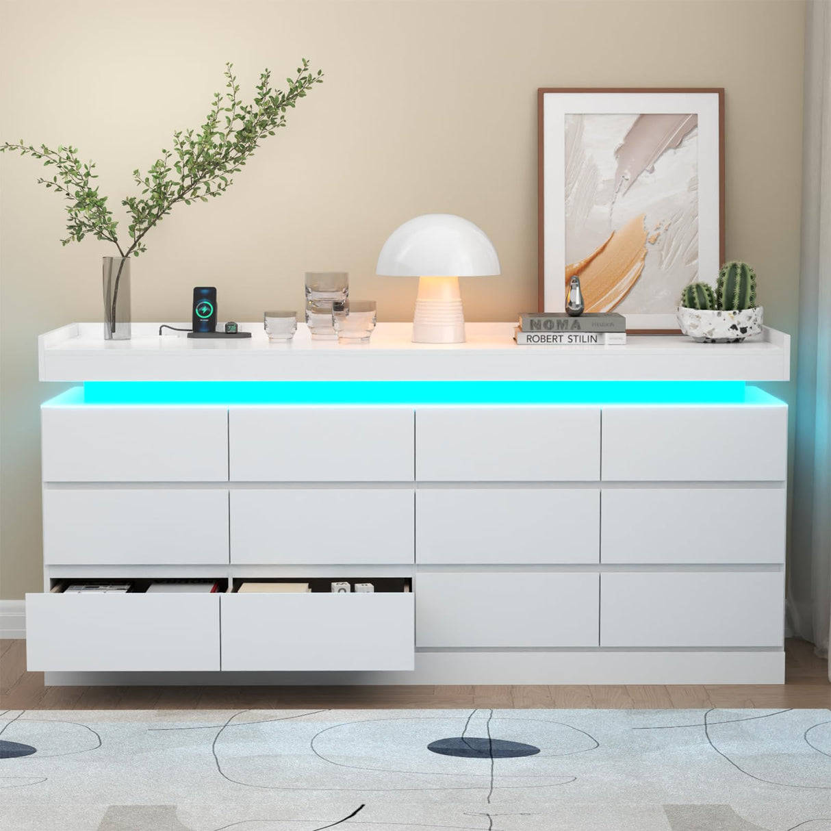 Gyfimoie 12 Drawer Dresser with Power Outlet, Dresser with LED Light, Modern Chest of Drawers for Closet, Double Wide Drawer Organizer Cabinet for Bedroom, Living Room (White, 12 Drawers) Gyfimoie