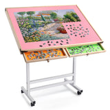 Pinikuyiro Pink Puzzle Table with Drawers and Wheels,Height Adjustable Jigsaw Puzzle Table with Metal Legs,Tilting Folding Puzzle Board for 1500 Pieces Puzzles Pinikuyiro
