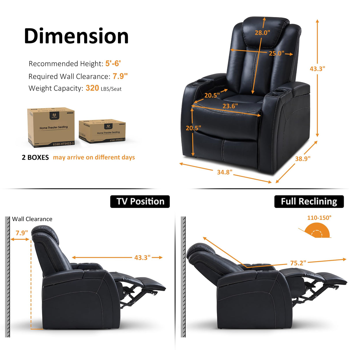 MCombo Dual Motors Leather Recliner with Power Headrest, Home Theater Seating with Armrest Storage HTS422 (Black) MCombo