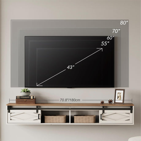 WAMPAT Floating TV Stand for TVs up to 80 Inch, Wood Floating Entertainment Center with Sliding Barn Door, Floating TV Shelf for Living Room, Bedroom, Antique White WAMPAT