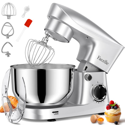 Facelle Stand Mixer, 10-Speed 6QT Kitchen Electric Mixer, Tilt-Head Food Mixer with Beater, Dough Hook, Wire Whip and Egg Separator, scraper for Most Home Cooks - Silver