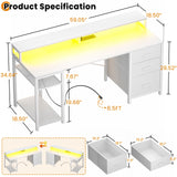 Aheaplus Gaming Desk with LED Lights and Power Outlets, 59 inch Computer Desk with Fabric File Drawers, Home Office Desk with Monitor Stand and Storage Shelves, Writing Desk Work Desk, White Aheaplus
