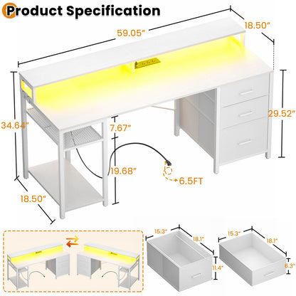 Aheaplus Gaming Desk with LED Lights and Power Outlets, 59 inch Computer Desk with Fabric File Drawers, Home Office Desk with Monitor Stand and Storage Shelves, Writing Desk Work Desk, White