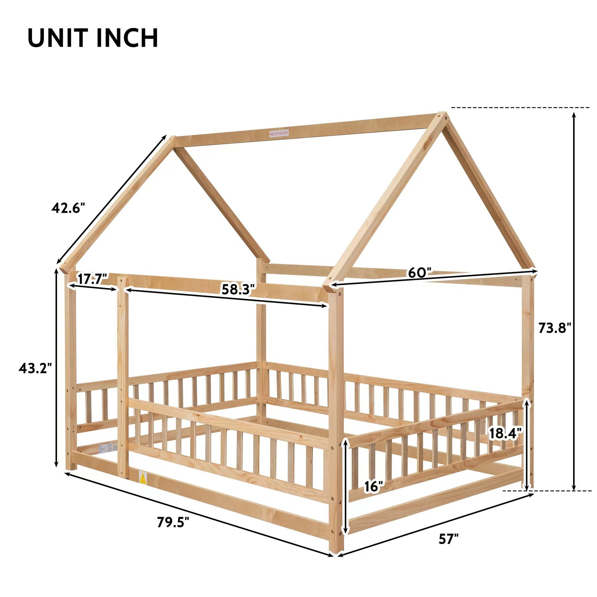 Brafab Natural Montessori Floor Bed with House Roof and Safety Guardrails for Kids - WoodArtSupply