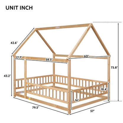 Brafab Natural Montessori Floor Bed with House Roof and Safety Guardrails for Kids - WoodArtSupply