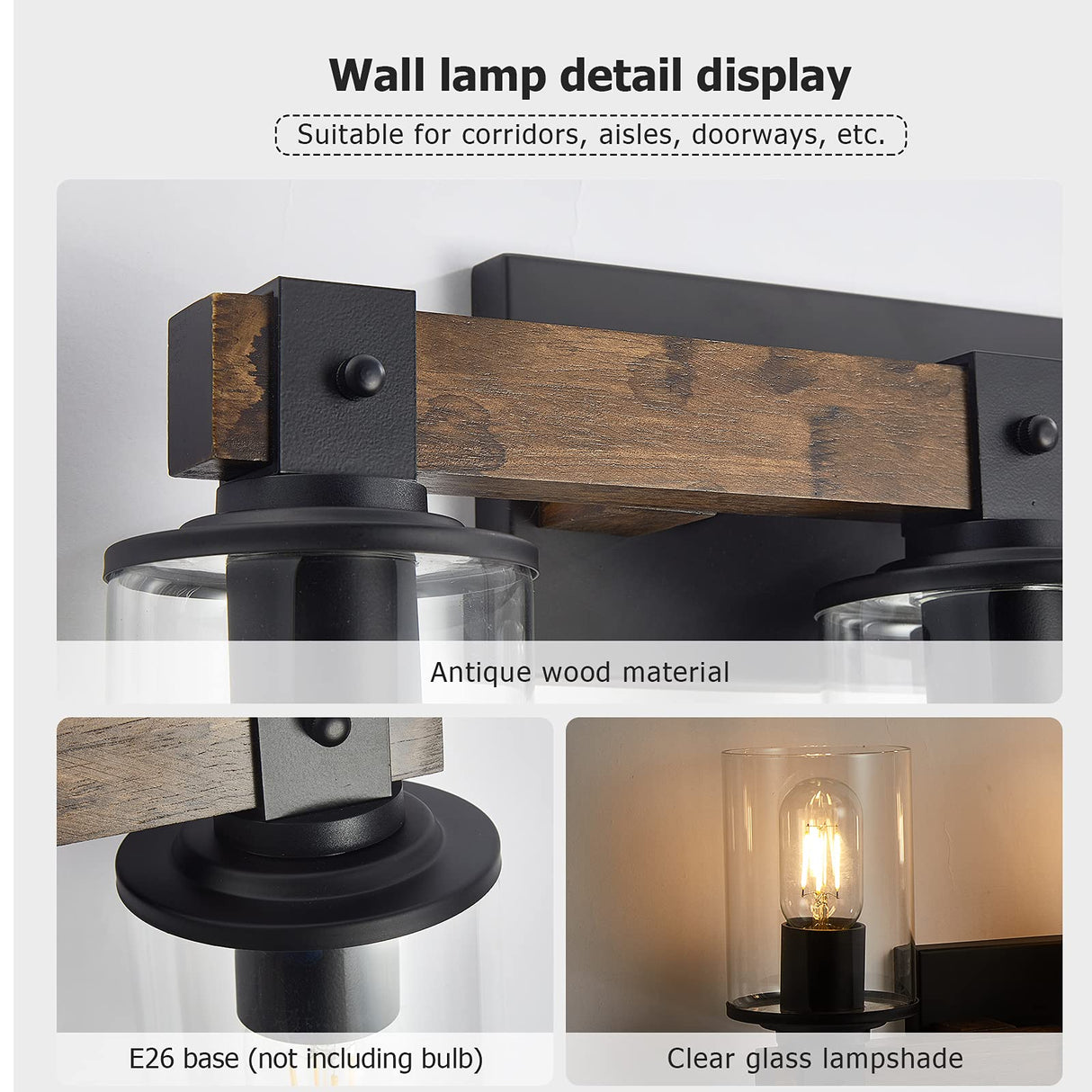 DUJAHMLAND Farmhouse Vanity Light Fixture,3-Light Bathroom Wood Wall Light Over Mirror with Clear Glass Shade, Rustic Vintage Wall Sconce Lighting.(Antique Wood, 3-Light) DUJAHMLAND