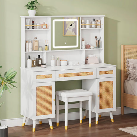 LUXOAK 47" Makeup Vanity Desk with LED Light Mirror & Rattan Design, Vanity Table with Adjustable Large Storage Cabinet for Bedroom Bathroom, Stool Included, White LUXOAK