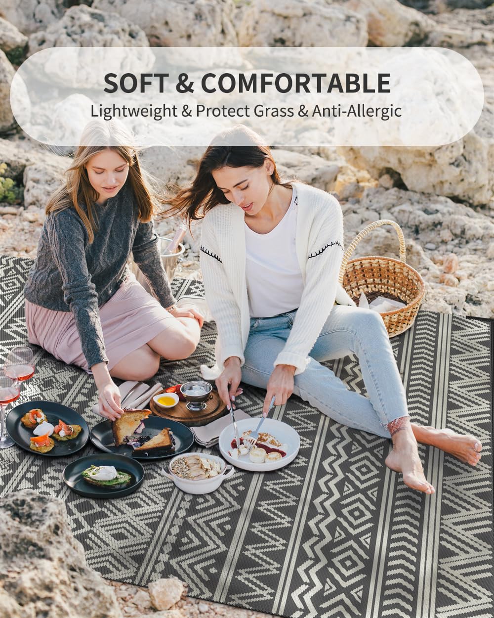 MontVoo Outdoor Rug Carpet Waterproof 5x8 Outdoor Patio Rug Mat Reverisble Plastic Straw Outdoor Rug for RV Camping Picnic Beach Balcony Boho Grey MontVoo