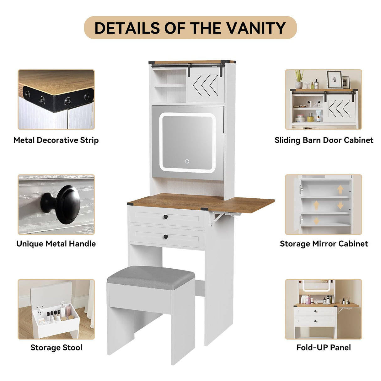 ARTETHYS Farmhouse Small Vanity Desk Set with Mirror Cabinet Compact Makeup Vanity Table with 3 Adjustable Lighted Mirror and Storage Chair for Small ARTETHYS