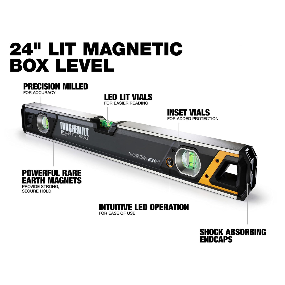 ToughBuilt - 24-in Lighted Magnetic Box Level, Digital Backlit Display, Shock Absorbing Endcaps, Powerful rare earth magnets provide superior holding strength - TB-H2-L-24LH-M ToughBuilt