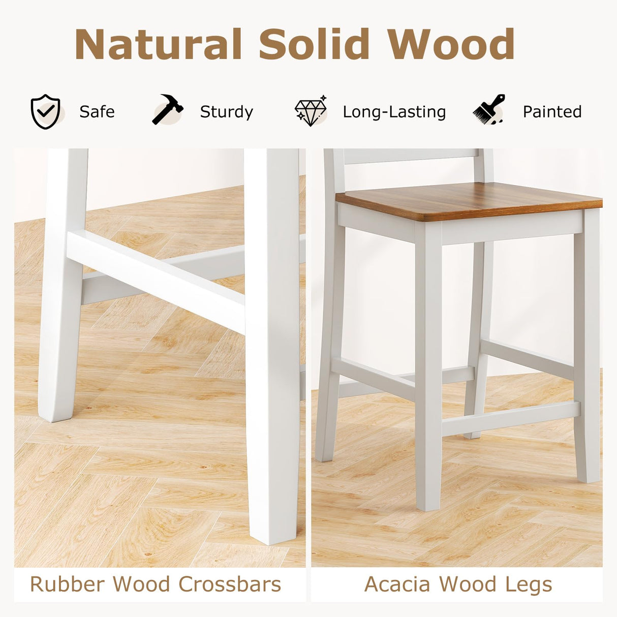 Giantex Counter Height Bar Stools Set of 2, 24" Farmhouse Counter Height Bar Dining Chairs with Back, Rubber Wood Footrest, Acacia Wood Legs, Wooden Barstools for Kitchen Island Pub Restaurant, White Giantex