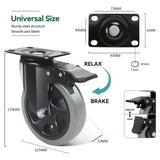 5 Inch Caster Wheels, Casters Set of 4 Heavy Duty, BZOLIHEU Locking Casters, Silent Top Plate Swivel Casters with Brake, Grey Polyurethane Castor Wheels for Furniture and Workbench Cart BZOLIHEU