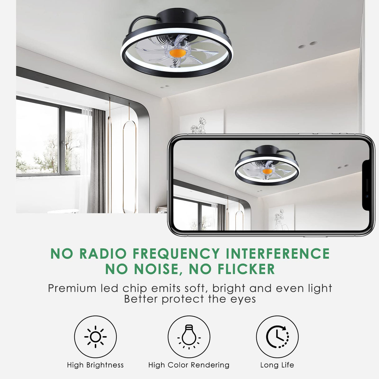 Mpayel Flush Mount Ceiling Fans with Lights and Remote Control，Modern Enclosed Bladeless,15'' Low Profile Ceiling Fan with Stepless Dimming Lighting Fixture for Bedroom Kitchen（Black）…… Mpayel