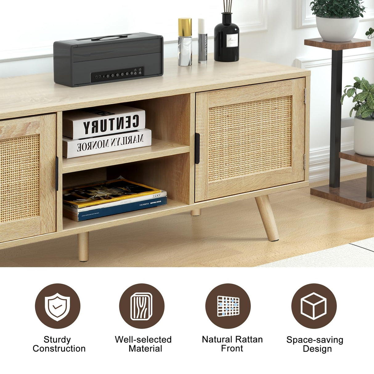 Anmytek Farmhouse Rattan TV Stand Modern Wood Media Entertainment Center Console Table for TVs up to 55 Inches with 2 Doors and 2 Open Shelves, Natural Oak, H0015 Anmytek