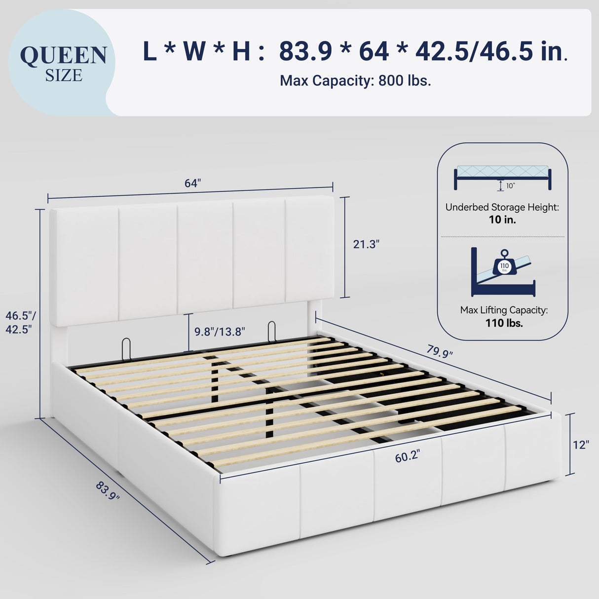 Allewie Queen Size Velvet Lift Up Storage Bed Frame, Vertical Channel Tufted Headboard, Hydrualic Underneath Storage, Upholstered Platform Bed, Wooden Slats Support, No Box Spring Needed, White Allewie