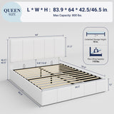 Allewie Queen Size Velvet Lift Up Storage Bed Frame, Vertical Channel Tufted Headboard, Hydrualic Underneath Storage, Upholstered Platform Bed, Wooden Slats Support, No Box Spring Needed, White Allewie