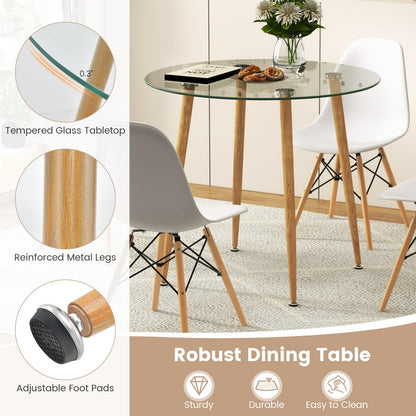 Tangkula 5-Piece Dining Table Set for 4, Kitchen Table Set with Seat, Solid Wood Legs, Metal Frames & Tempered Glass Tabletop, Round Dinner Table & 4 Chairs for Home, Natural - WoodArtSupply