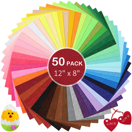 KaKaPops 50Pcs Thin Felt Fabric Sheets, Assorted Colors Stiff Felt Sheets for Crafts DIY Patchwork Sewing School Projects Decoration, 50 Colors (8 x 12 inches) KaKaPops