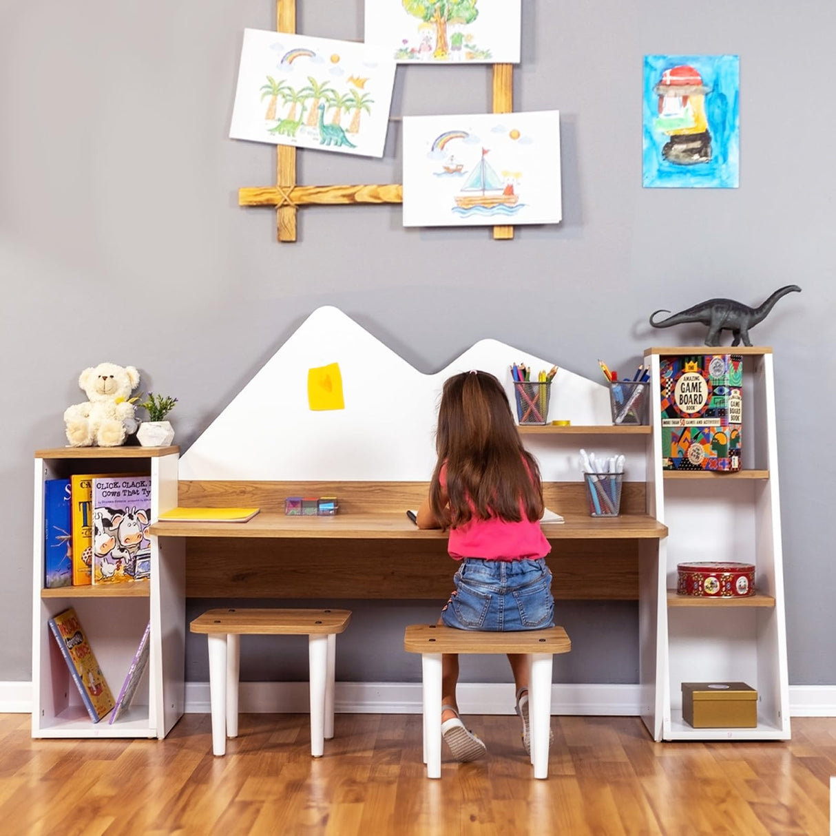 LAWA FURNITURE Kid's Study Desk with Bookshelf + 2 Stools for Ages 3-8, Wooden Children Activity Table with Hutch and Shelves, Kids Bedroom Study Desk with Storage LAWA FURNITURE
